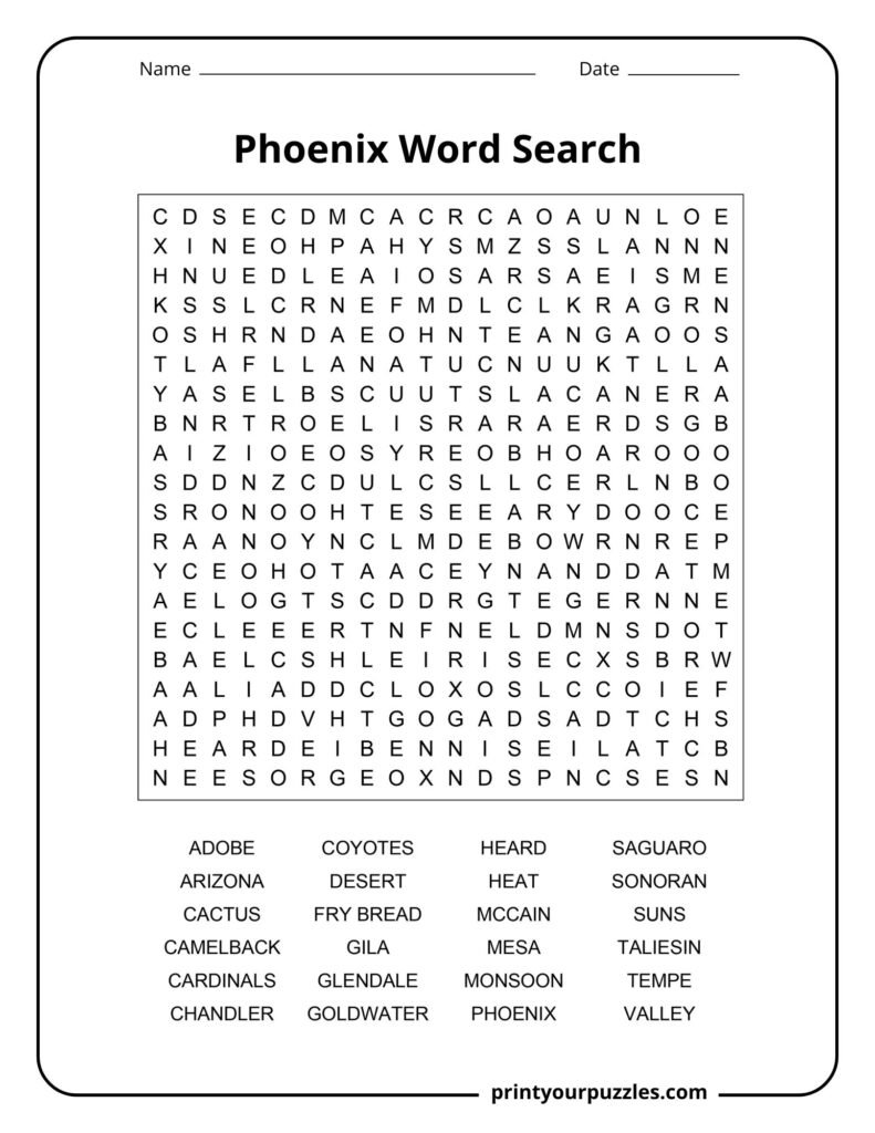 Hard Phoenix word search puzzle with Arizona desert and city themed vocabulary.