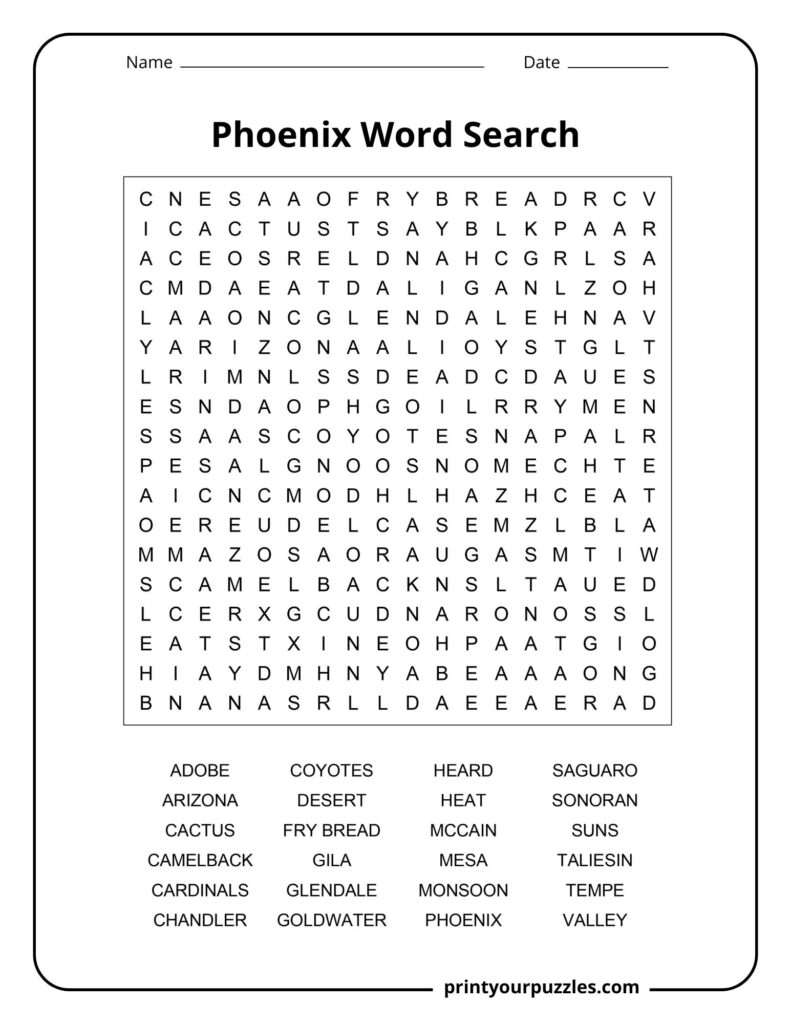 Medium difficulty Phoenix word search puzzle with Arizona and desert themed words.
