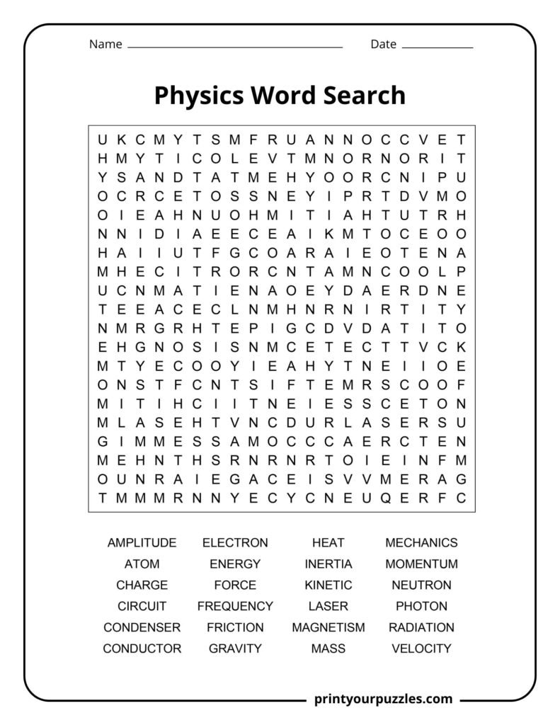 Hard physics word search puzzle with advanced science terms in a large printable grid.