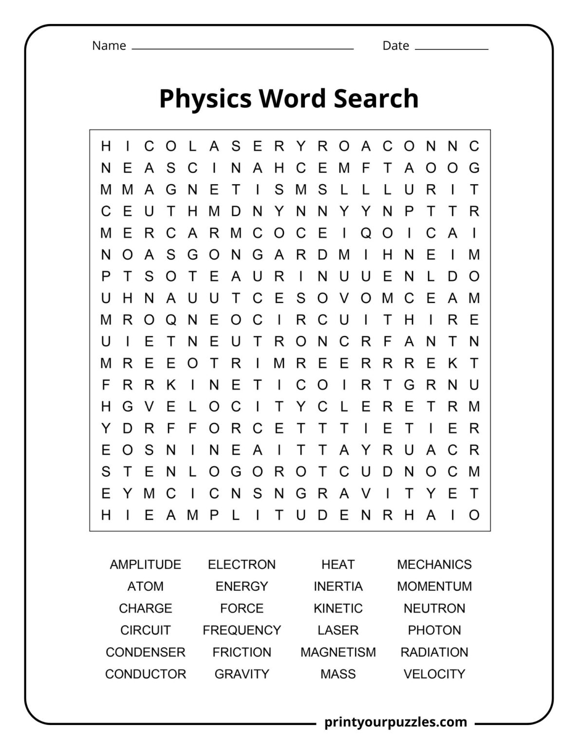 Physics Word Search | Print Your Puzzles