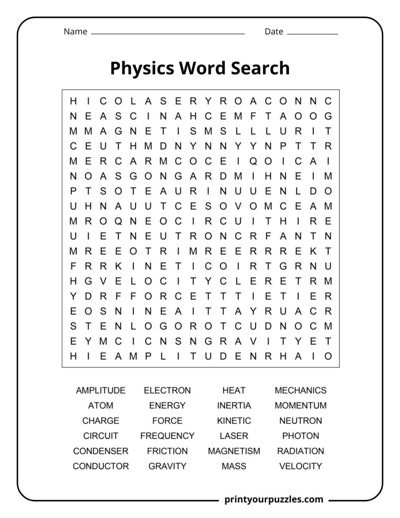 Medium physics word search puzzle with core science and motion vocabulary terms.