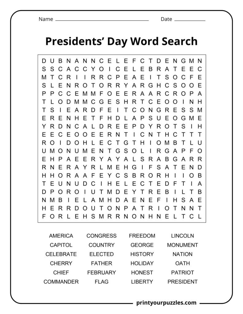 Challenging Presidents’ Day word search puzzle featuring U.S. history, government, and patriotic vocabulary.