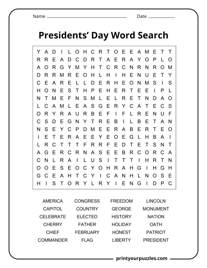 Medium-level Presidents’ Day word search puzzle with patriotic, presidential, and historical vocabulary terms.