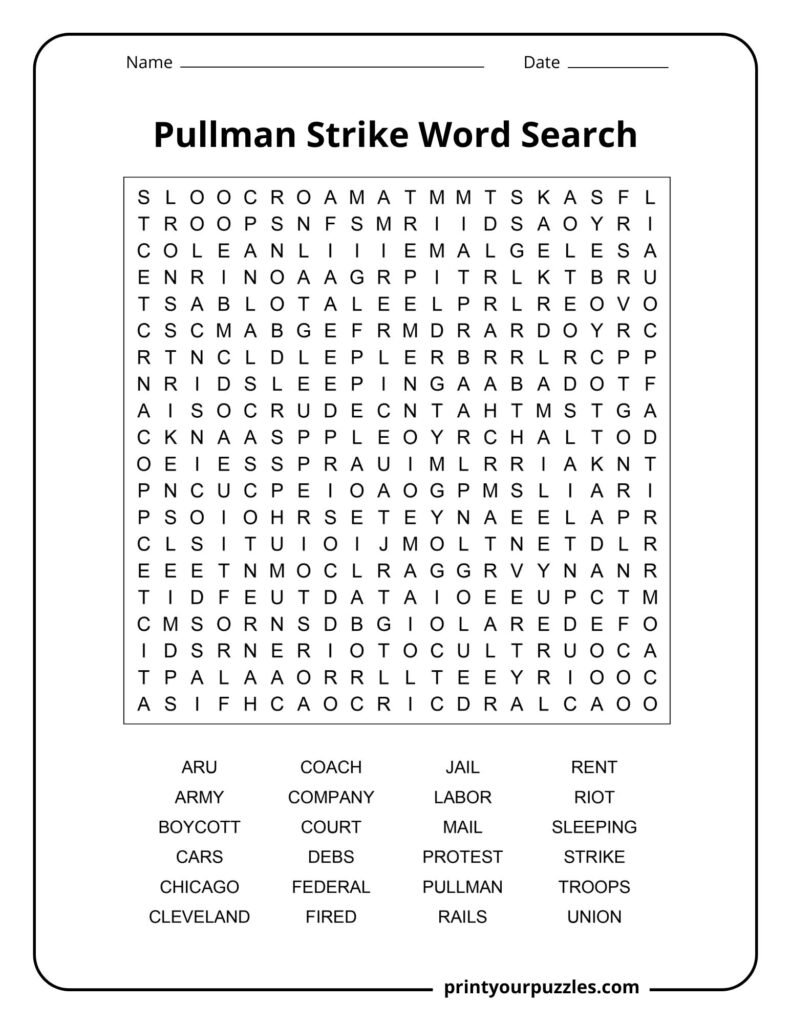 Challenging Pullman Strike word search with a dense 20x20 grid featuring terms like boycott, labor, troops, and rails.