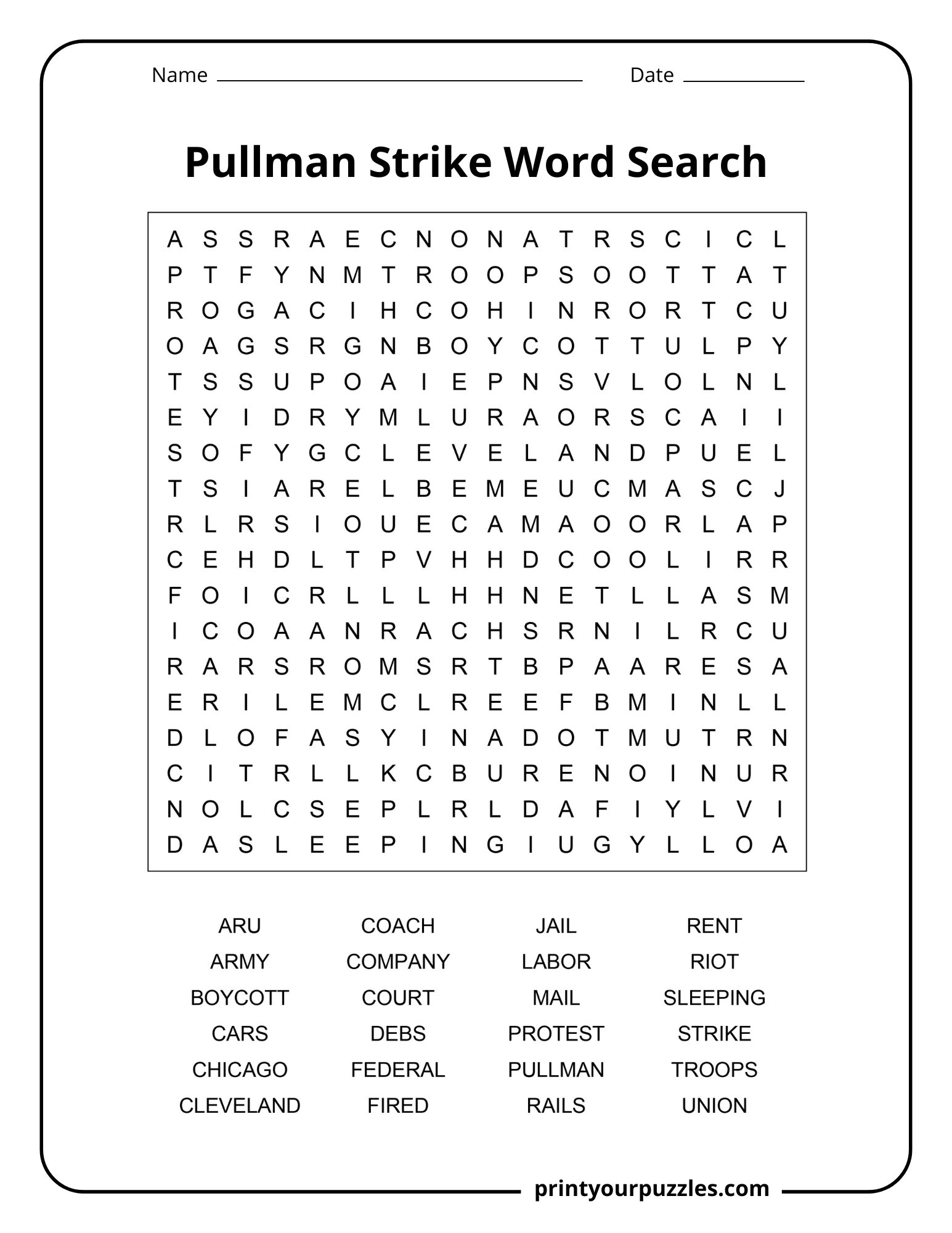 Medium-difficulty Pullman Strike word search with a clear grid and terms like Chicago, boycott, labor, mail, and union.