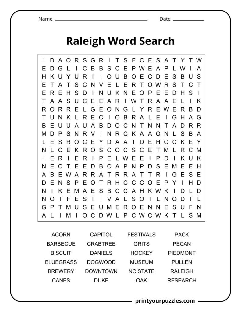 Raleigh Word Search puzzle featuring a detailed 20×20 letter grid and 32 Raleigh-themed words to find.