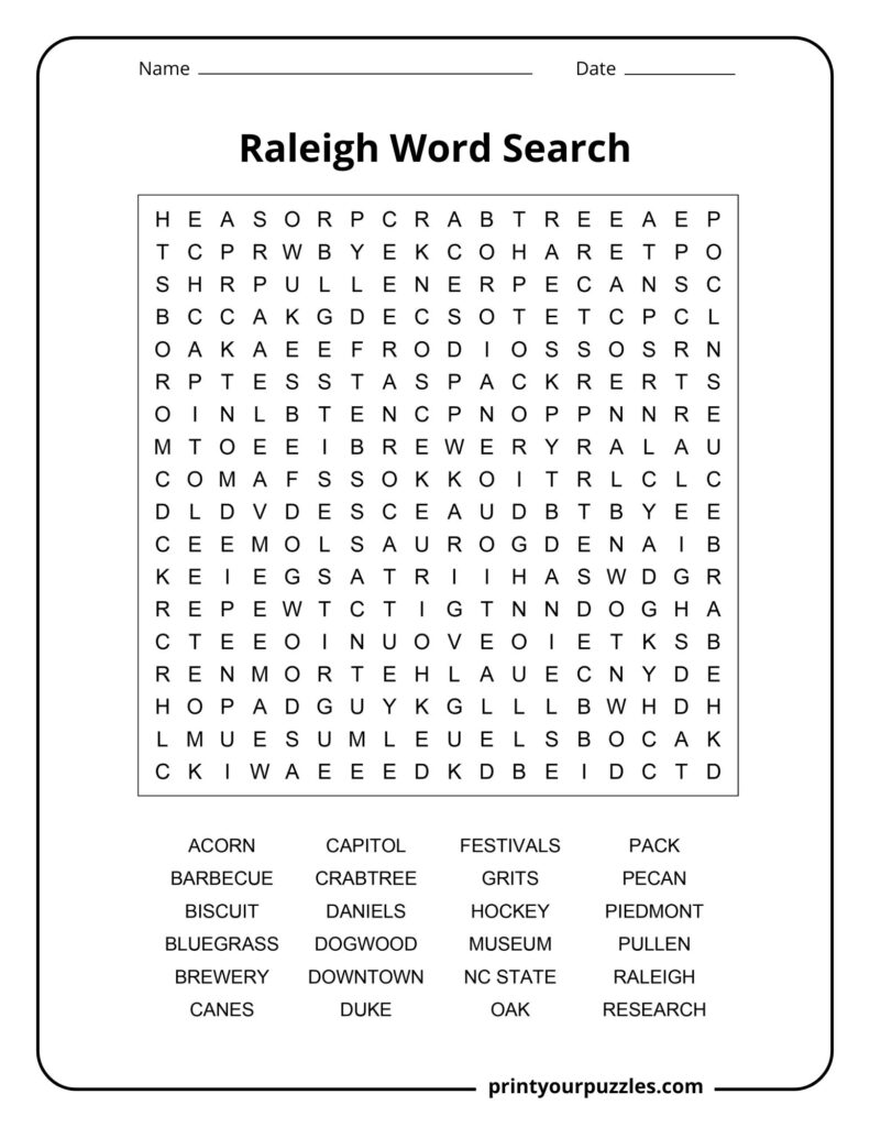Raleigh Word Search puzzle with a medium-difficulty letter grid and 32 themed words related to Raleigh landmarks.