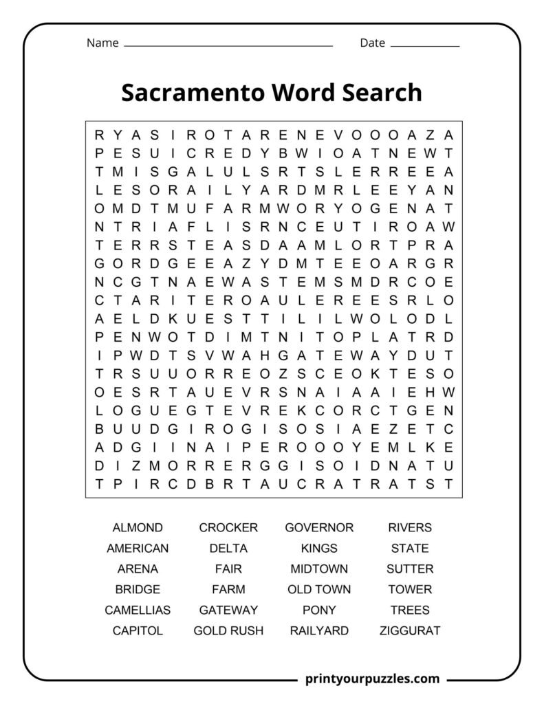 Hard Sacramento word search puzzle with California capital landmarks and history terms.