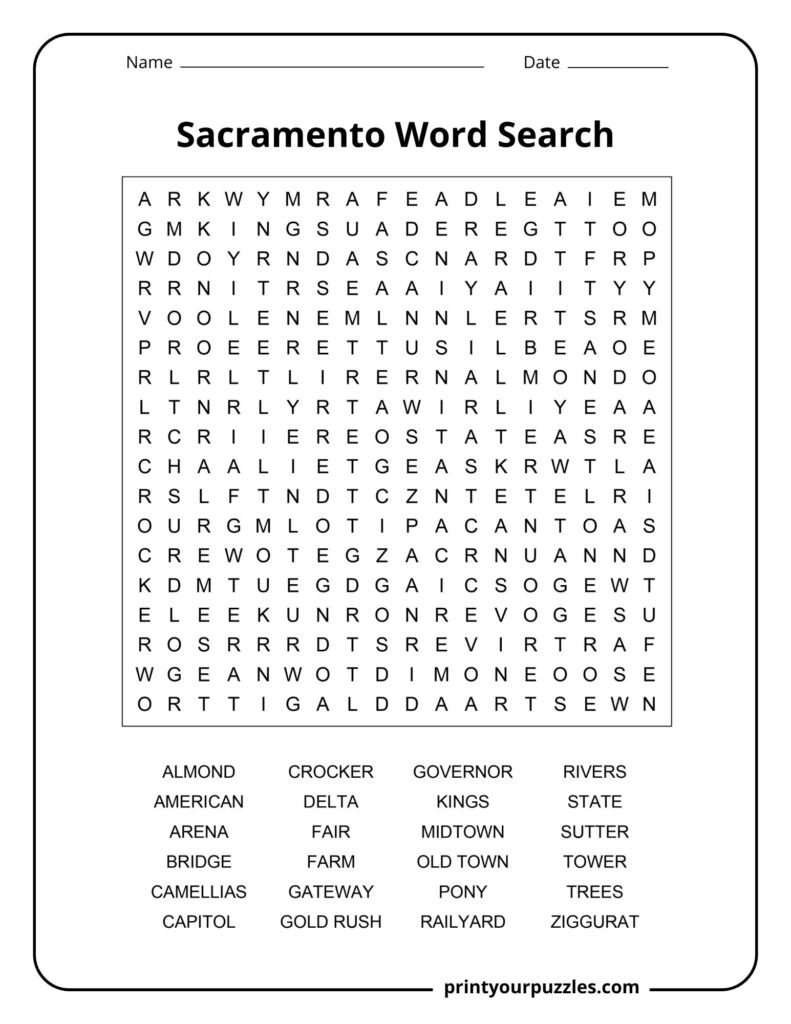 Medium difficulty Sacramento word search with state capital landmarks and culture.