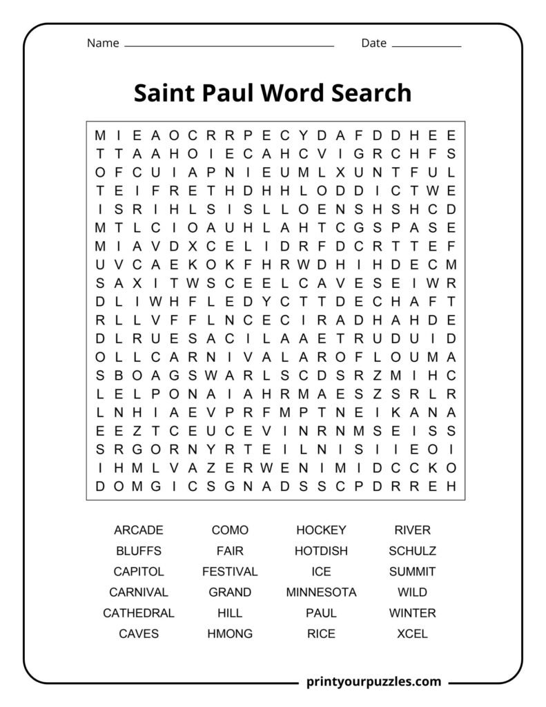 Challenging Saint Paul word search featuring Minnesota culture, landmarks, food, neighborhoods, and winter themes.