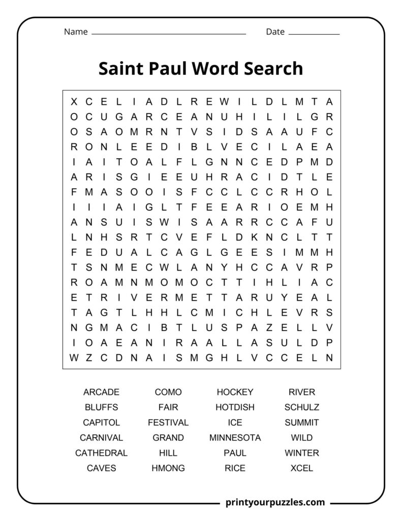 Medium Saint Paul word search featuring Minnesota-themed vocabulary about culture, landmarks, food, and festivals.