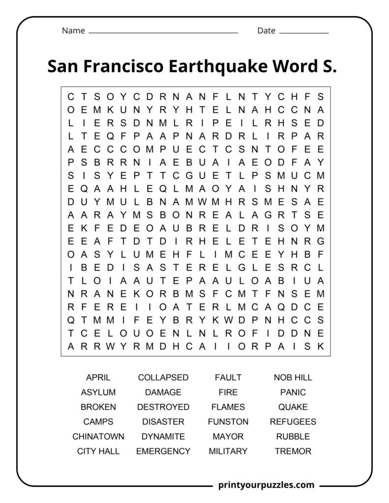 Challenging San Francisco Earthquake word search with a dense grid of terms like disaster, flames, rubble, and refugees.