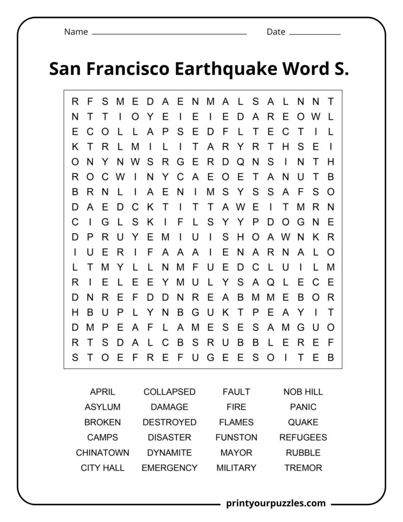 Medium-difficulty San Francisco Earthquake word search with clear grid and terms like collapse, fire, camps, and tremor.