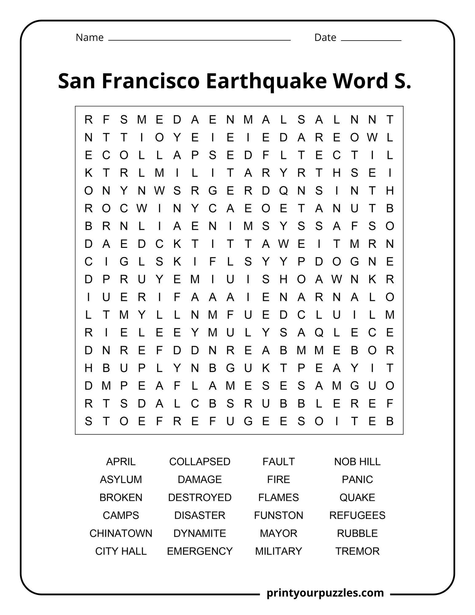 Medium-difficulty San Francisco Earthquake word search with clear grid and terms like collapse, fire, camps, and tremor.