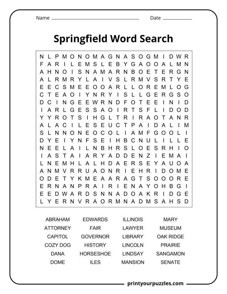 Challenging Springfield word search puzzle featuring a dense grid and 24 themed words about Lincoln, Illinois, and history.