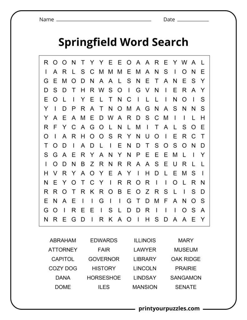 Medium-level Springfield word search with a clearer grid and 24 words related to Lincoln, Illinois landmarks, and history.
