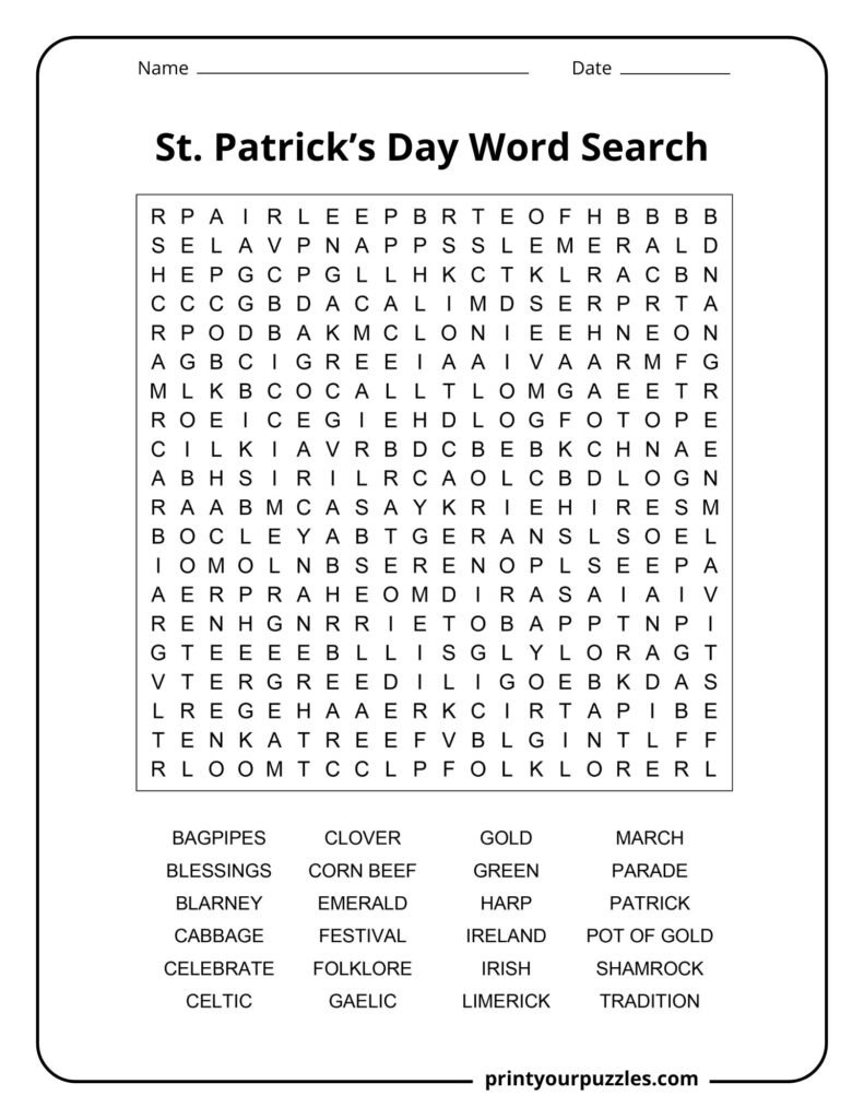 Saint Patrick's Day word search puzzle with a large, challenging grid and themed vocabulary celebrating Irish culture.