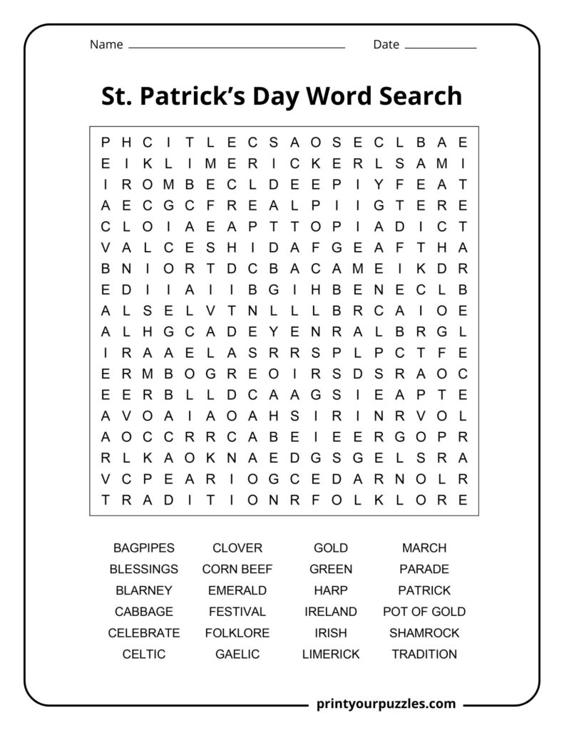 Medium-difficulty Saint Patrick's Day word search with a balanced grid and Irish-themed vocabulary celebrating the holiday.