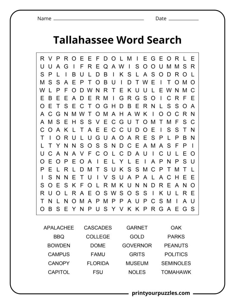 Tallahassee Word Search hard puzzle with 20x20 grid and Florida-themed words.