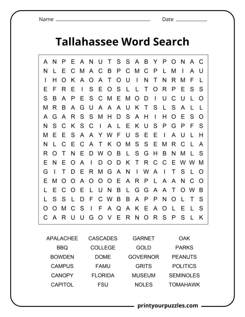 Tallahassee Word Search medium puzzle with Florida landmarks and local terms.