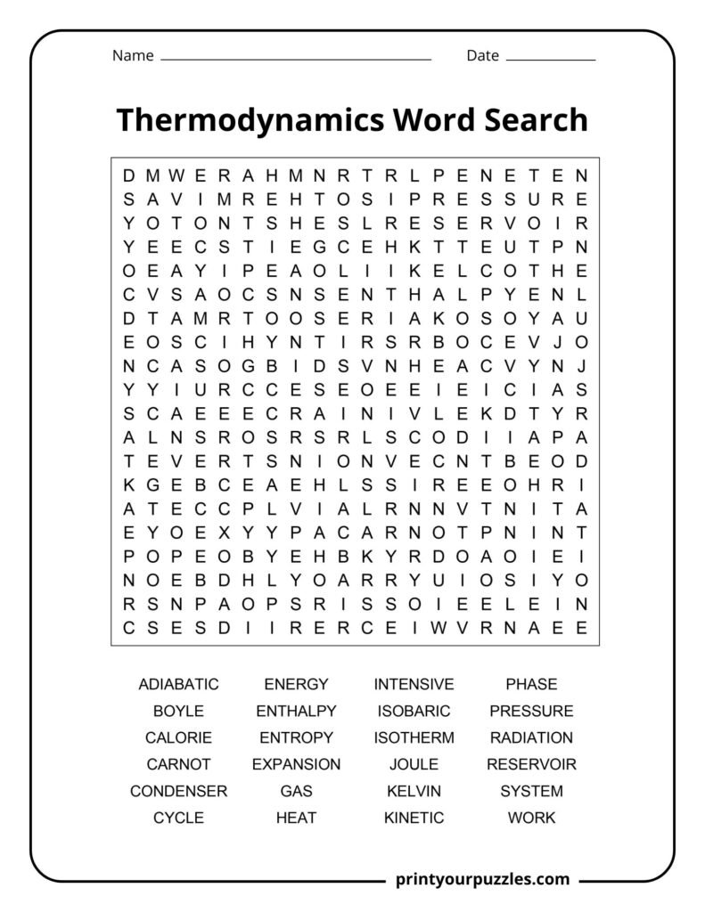 Challenging thermodynamics word search featuring scientific terms like entropy, Carnot, isothermal, energy, and pressure.