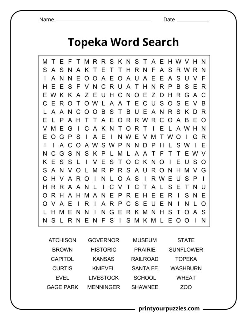 Challenging Topeka word search with a dense grid and 24 themed words about Kansas history, landmarks, and local culture.