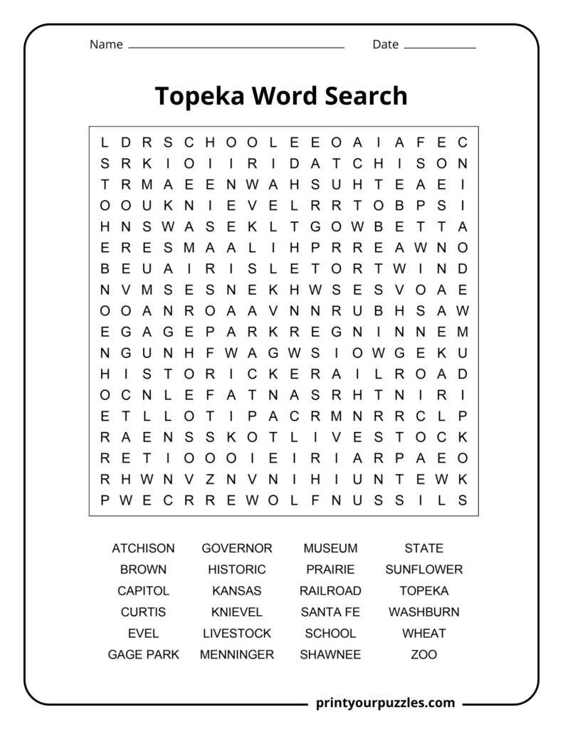 Medium-level Topeka word search with a cleaner grid and 24 words reflecting Kansas history, landmarks, agriculture, and culture.