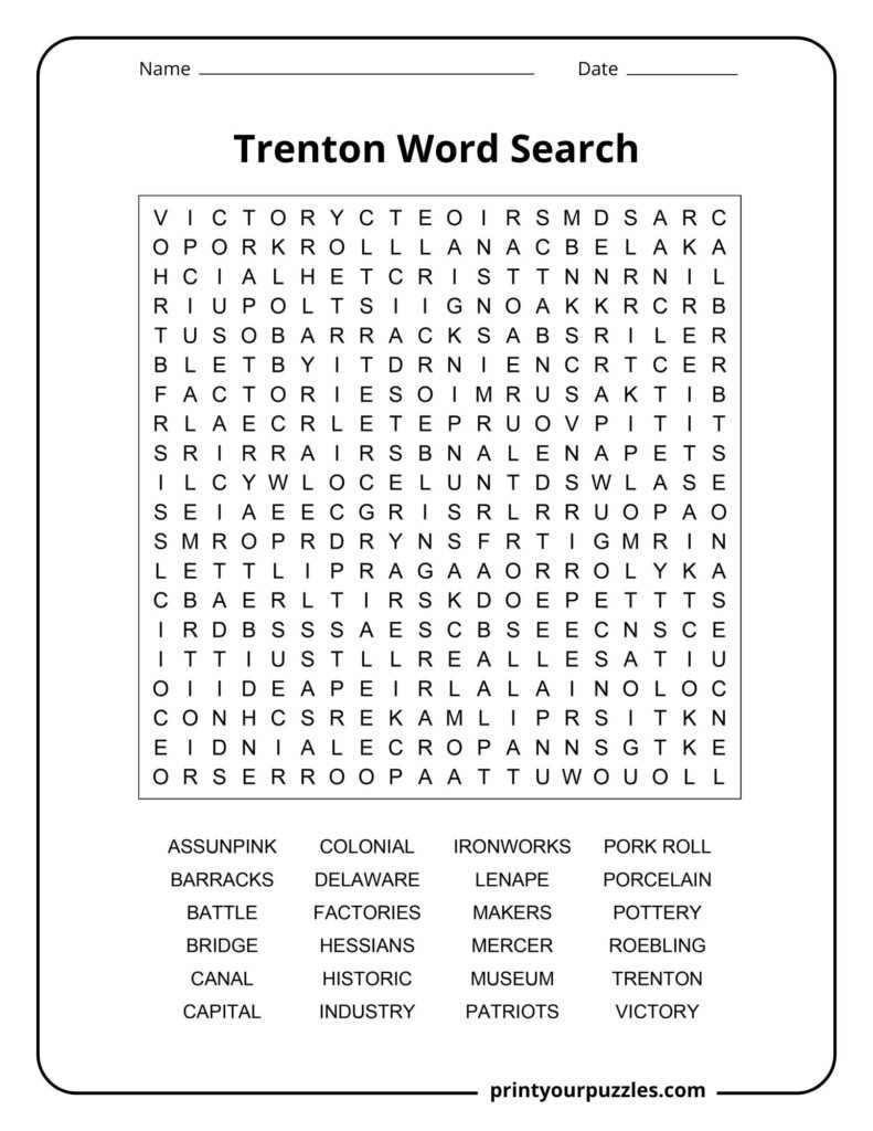 Challenging Trenton word search featuring New Jersey history, industry, battles, landmarks, and colonial heritage.