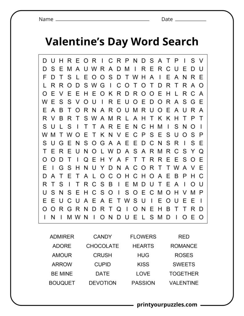 Valentine's Day word search puzzle with a large, challenging grid and themed love-related vocabulary for holiday fun.