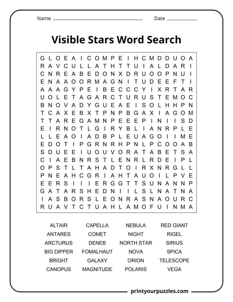 Hard visible stars word search with advanced astronomy terms and star names.