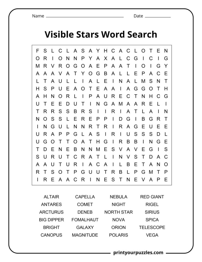 Medium difficulty visible stars word search with popular star and space terms.