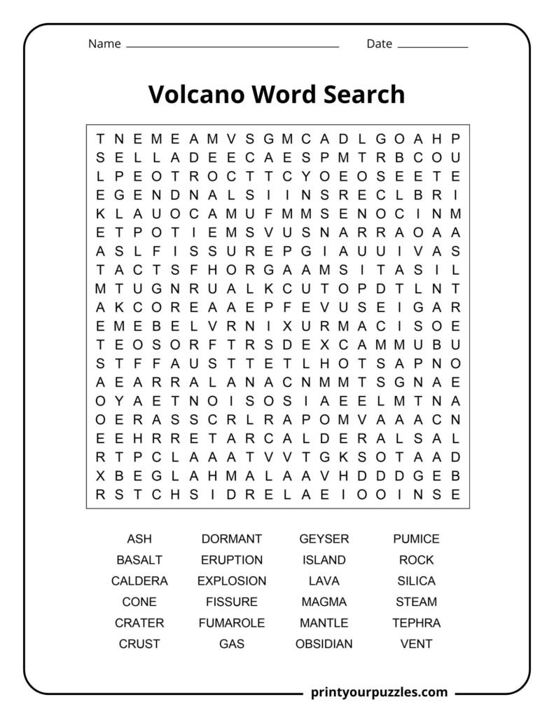 Challenging volcano word search puzzle featuring a dense letter grid and key volcanic terms such as magma, lava, crater, and tephra.