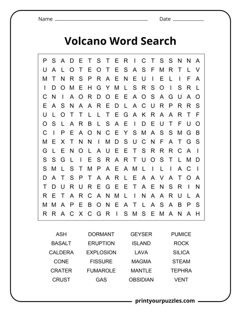 Medium-level volcano word search puzzle with a clear letter grid and essential volcanic vocabulary such as lava, magma, ash, and vent.