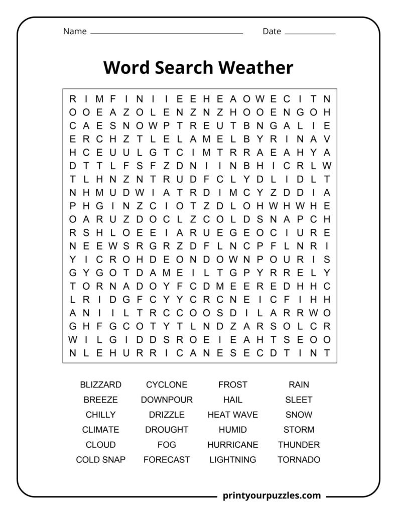 Weather word search puzzle with a dense letter grid and terms like blizzard, forecast, hurricane, lightning, and rainfall.