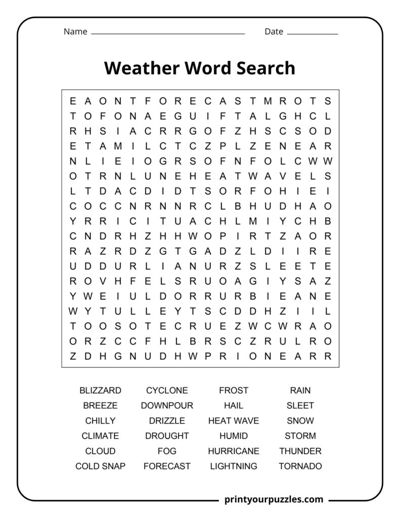 Medium-level weather word search puzzle with a clear letter grid and terms including breeze, climate, storm, frost, and tornado.
