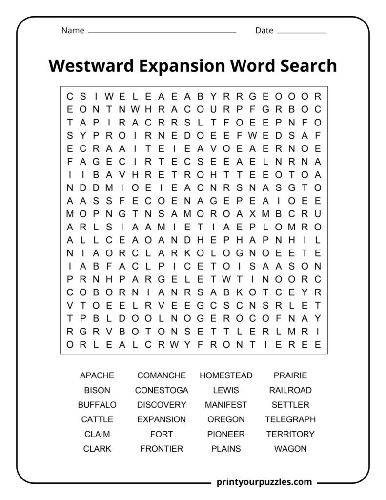 Challenging Westward Expansion word search with dense grid featuring terms like pioneer, Oregon, railroad, and frontier.
