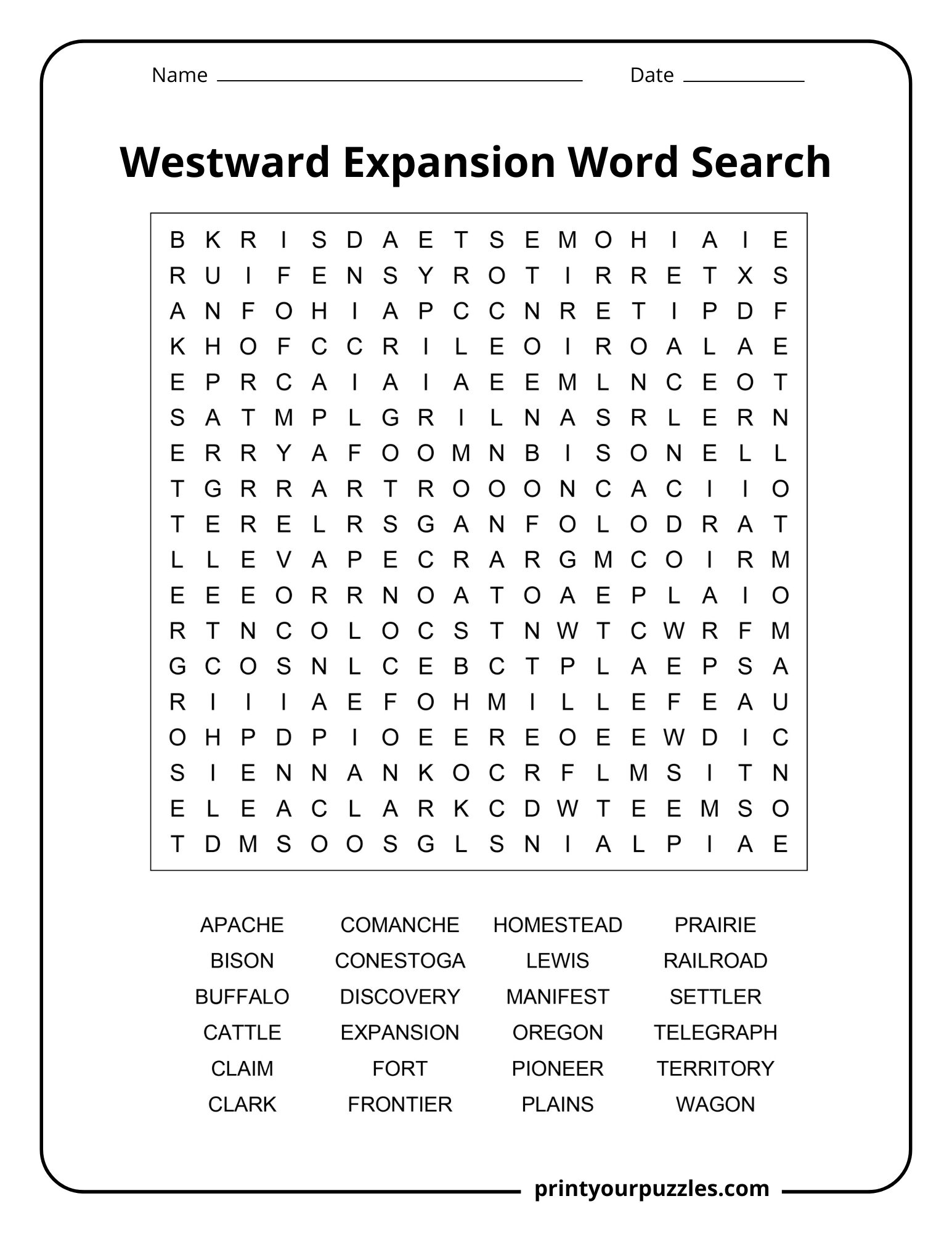 Medium-difficulty Westward Expansion word search with clear grid of terms like expansion, wagon, plains, and buffalo.