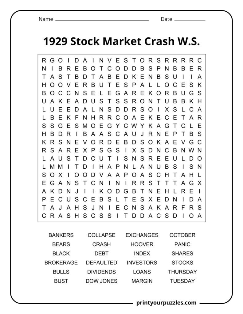 Hard 1929 Stock Market Crash word search puzzle with 20 history terms in a printable classroom worksheet.