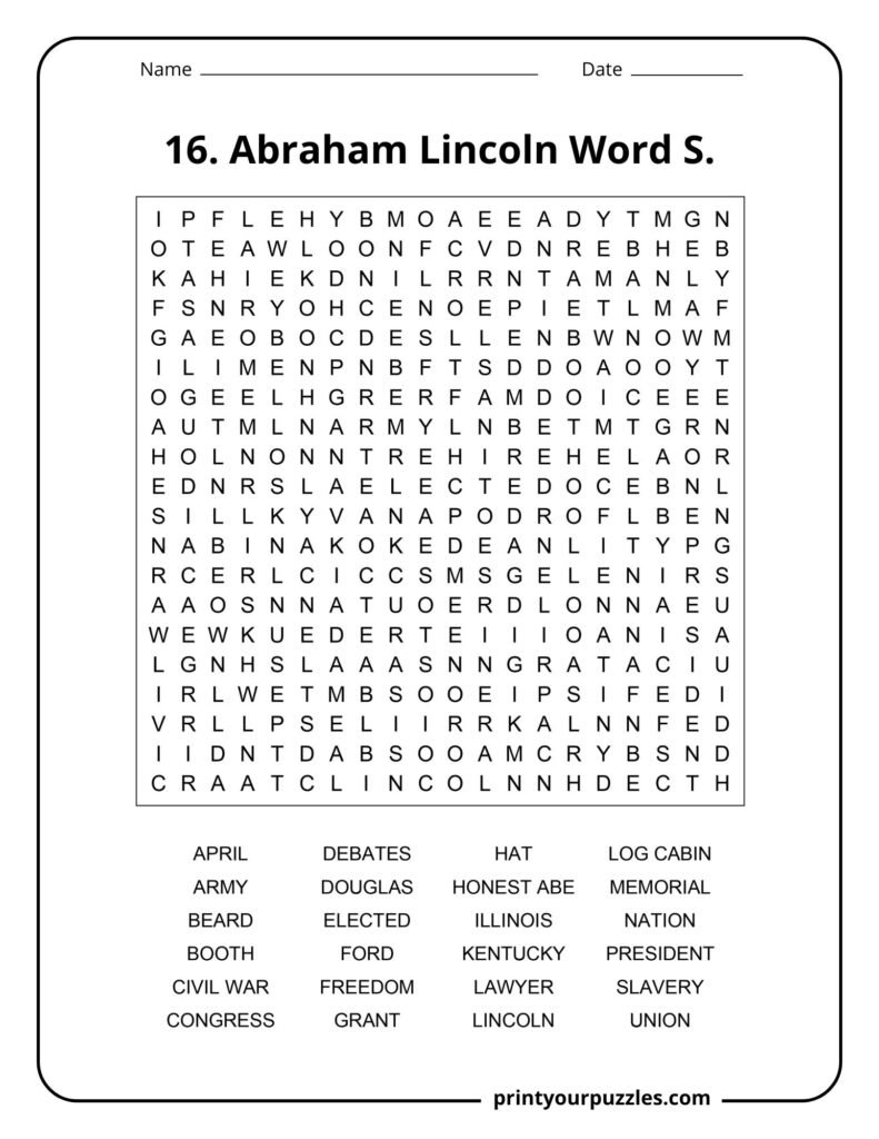 Hard Abraham Lincoln word search puzzle with a 20x20 grid and Civil War vocabulary about the 16th U.S. president.