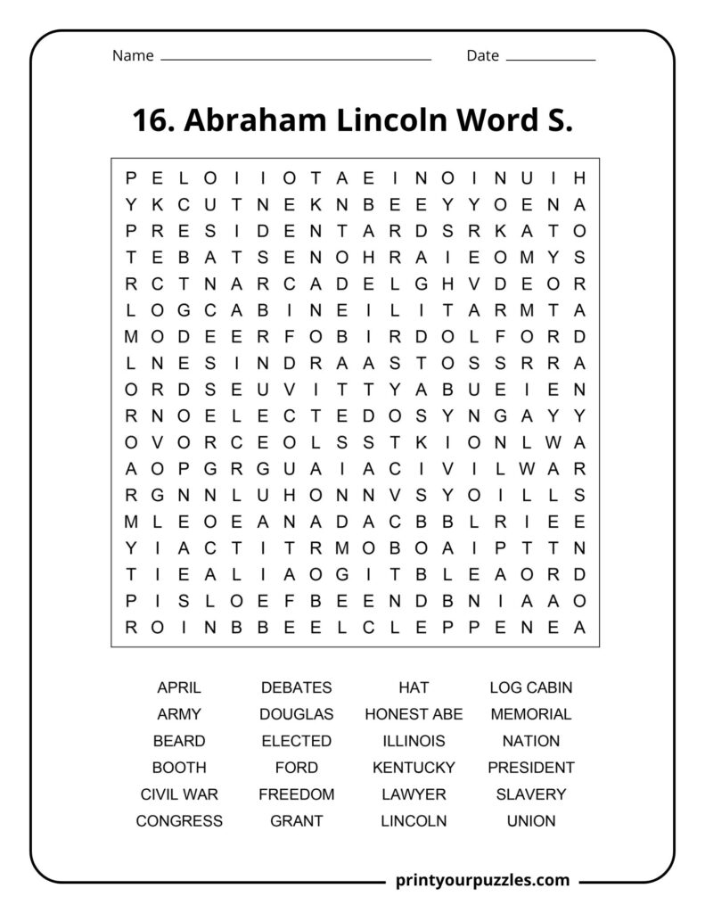 Medium difficulty Abraham Lincoln word search puzzle with historical words about the 16th U.S. president.