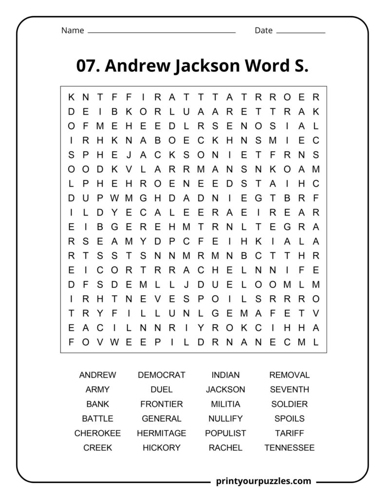 Medium Andrew Jackson Word Search puzzle featuring terms like Tennessee, frontier, Hermitage, and militia.