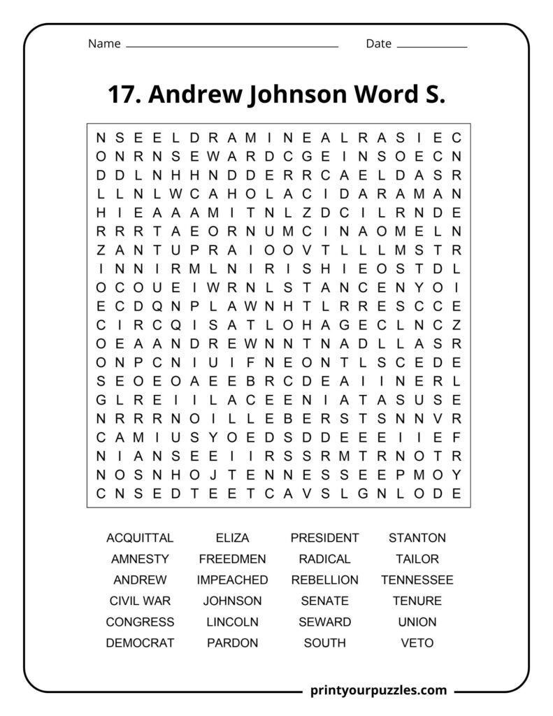 Hard Andrew Johnson word search puzzle with a 20x20 grid and Reconstruction-era vocabulary.