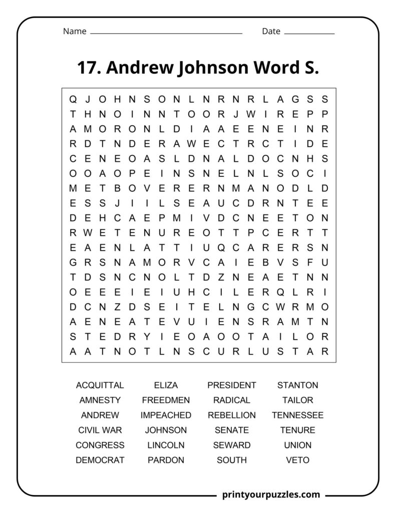 Medium difficulty Andrew Johnson word search puzzle with Reconstruction vocabulary and U.S. history terms.