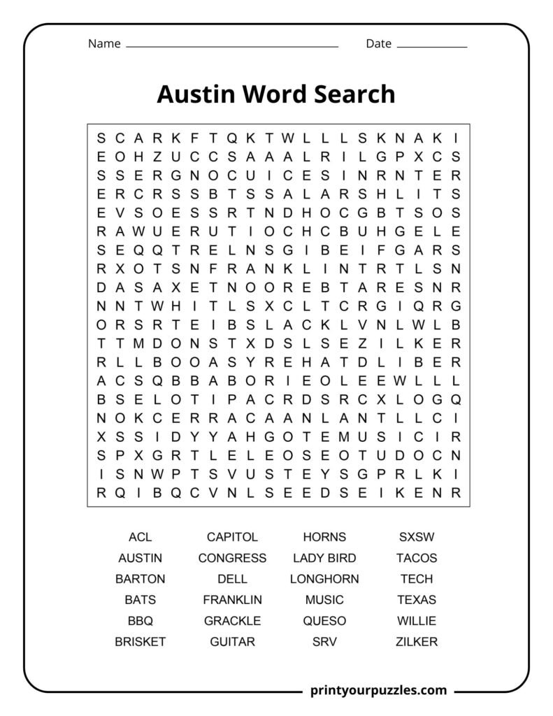 Austin-themed hard word search puzzle featuring Austin landmarks, foods, music, and culture terms in a large grid.