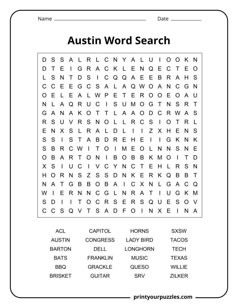 Medium-difficulty Austin word search puzzle showcasing Austin landmarks, foods, music terms, and cultural references.