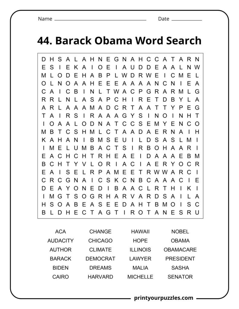 Barack Obama themed hard word search puzzle with dense grid and political, historical keywords.