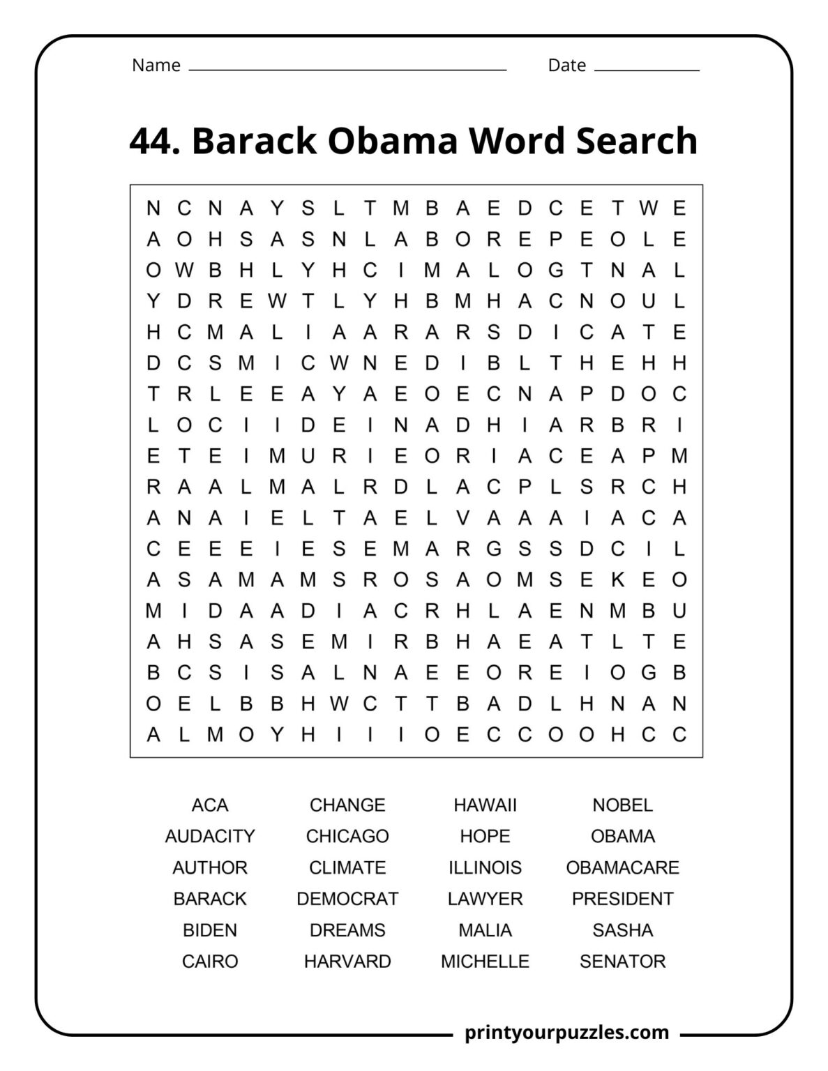 Barack Obama Word Search | Print Your Puzzles
