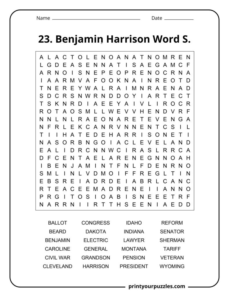 Hard Benjamin Harrison word search puzzle with a 20x20 grid and U.S. presidency vocabulary.