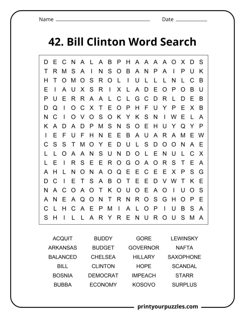 Bill Clinton themed medium difficulty word search puzzle with clear grid and key historical terms.