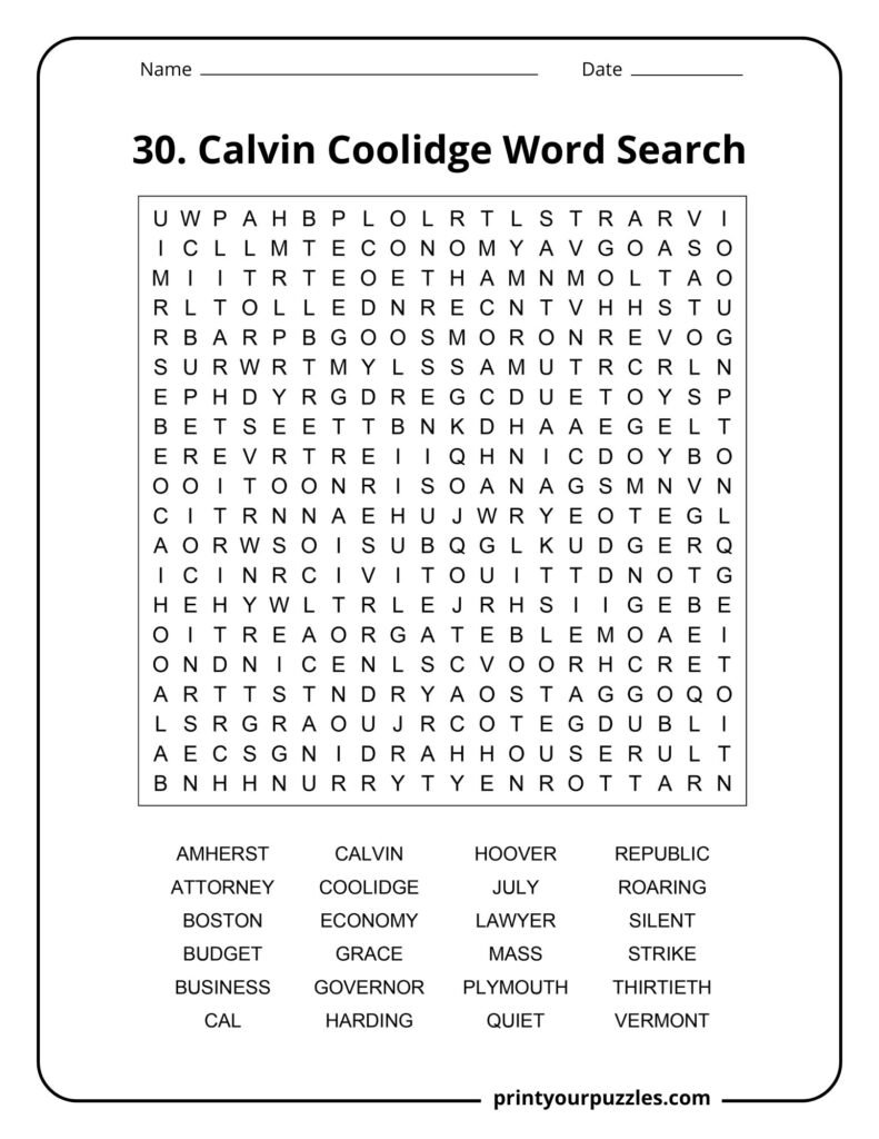 Hard Calvin Coolidge word search puzzle with a 20x20 grid and terms about the 30th U.S. president.
